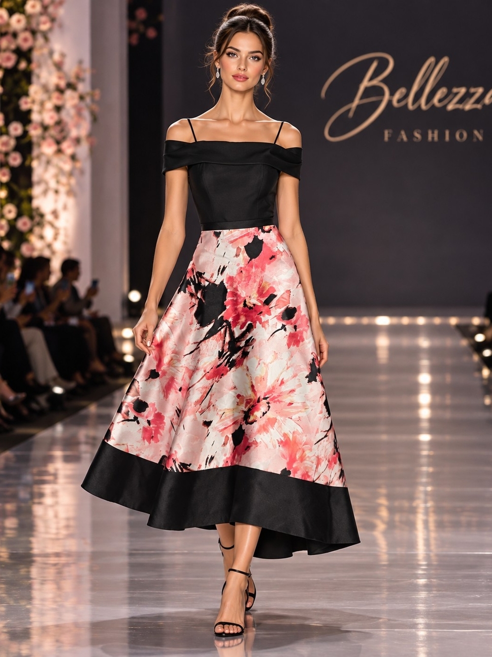 Betsey Johnson Black Bodice Pink Floral Midi Dress